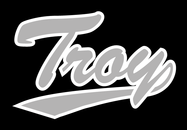 Troy script wordmark, grey with white outline on black variant