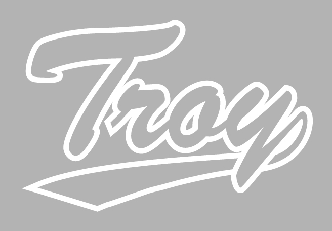 Troy script wordmark, grey with white outline on grey variant
