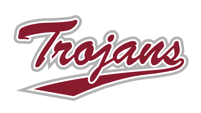 Trojans script wordmark, maroon with silver and maroon outlines variant