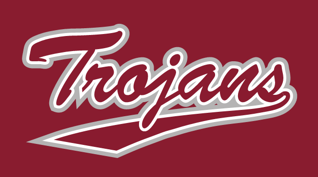 Trojans script wordmark, maroon with silver and maroon outlines on maroon background variant
