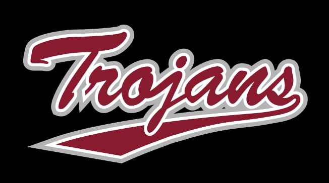 Trojans script wordmark, maroon with silver and maroon outlines on black background variant