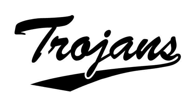 Trojans script wordmark, black with white outline variant