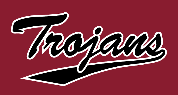 Trojans script wordmark, black with white outline on maroon background variant