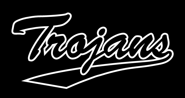 Trojans script wordmark, black with white outline on black background variant