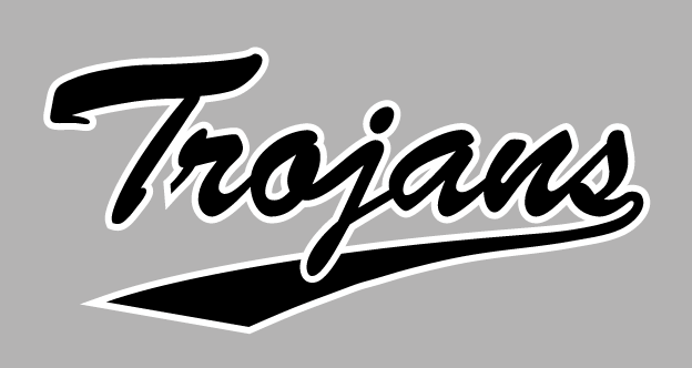 Trojans script wordmark, black with white outline on grey background variant