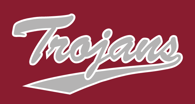 Trojans script wordmark, grey with white outline on maroon background variant