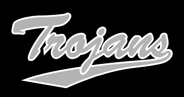 Trojans script wordmark, grey with white outline on black background variant