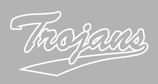 Trojans script wordmark, grey with white outline on grey background variant