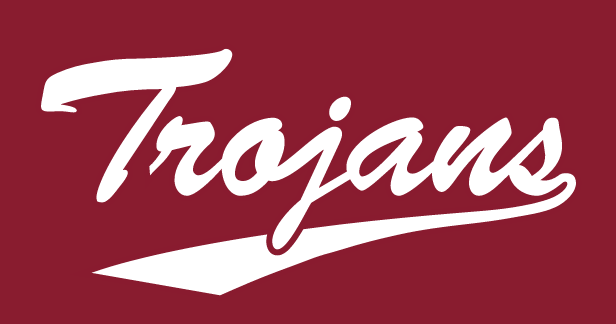 Trojans script, outline, maroon background variant