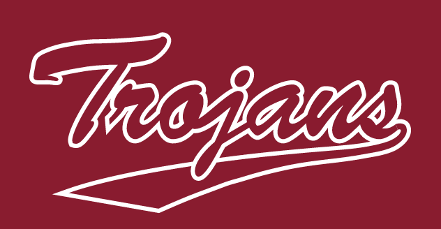 Trojans script, solid, maroon background variant
