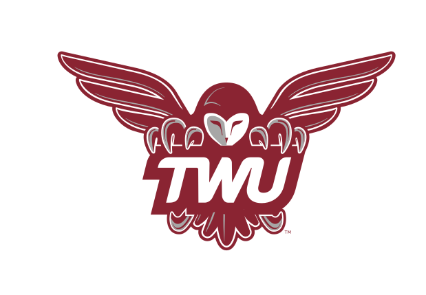 owl mascot with TWU wordmark, maroon variant, cell 21