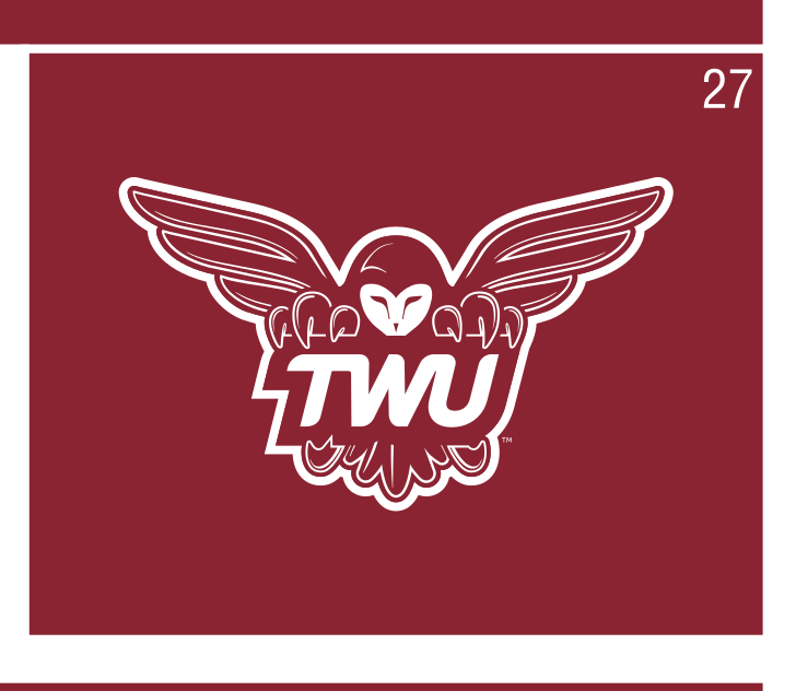 owl mascot with TWU wordmark, white on maroon variant, cell 27