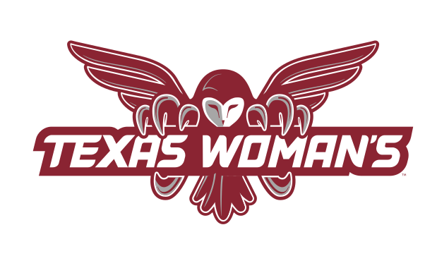 owl mascot with Texas Woman's wordmark, maroon variant, cell 23