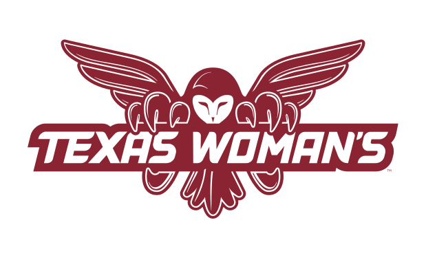 owl mascot with Texas Woman's wordmark, maroon outline variant, cell 24