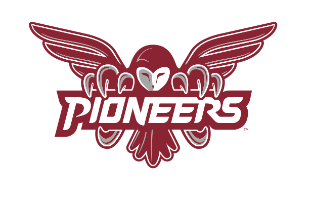 owl mascot with Pioneers wordmark, maroon variant, cell 25