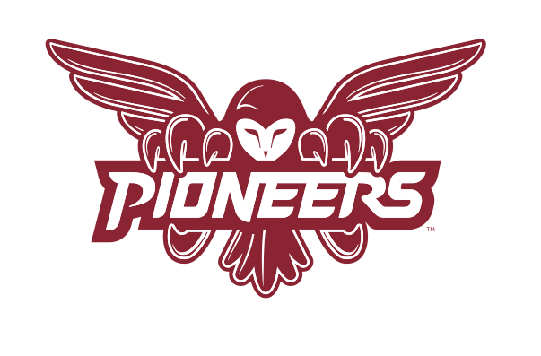 owl mascot with Pioneers wordmark, maroon outline variant, cell 26