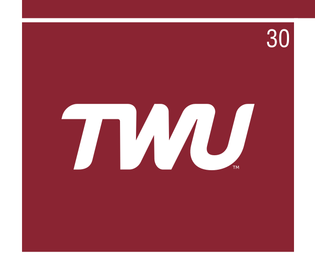 TWU wordmark, white on maroon variant, cell 30