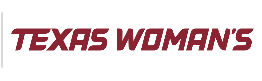 Texas Woman's wordmark, maroon, horizontal variant, cell 44