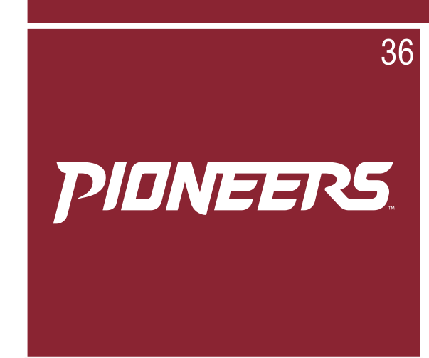 Pioneers wordmark, white on maroon variant, cell 36