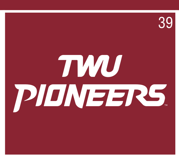 TWU Pioneers wordmark, white on maroon variant, cell 39