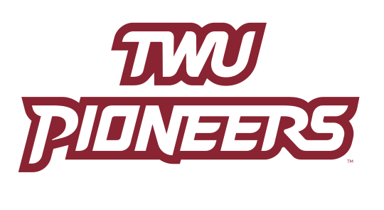 TWU Pioneers wordmark, maroon outline variant, cell 40