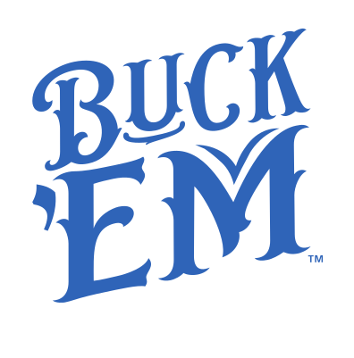 Buck 'Em wordmark, stacked, blue/orange variant