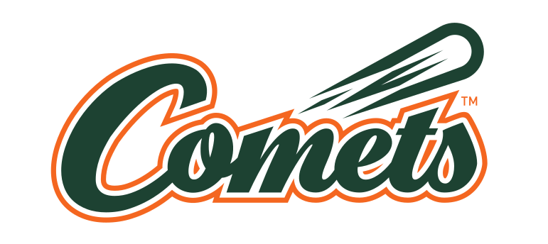 Comets script, green, orange outline, orange tail, with subtext variant, cell 144