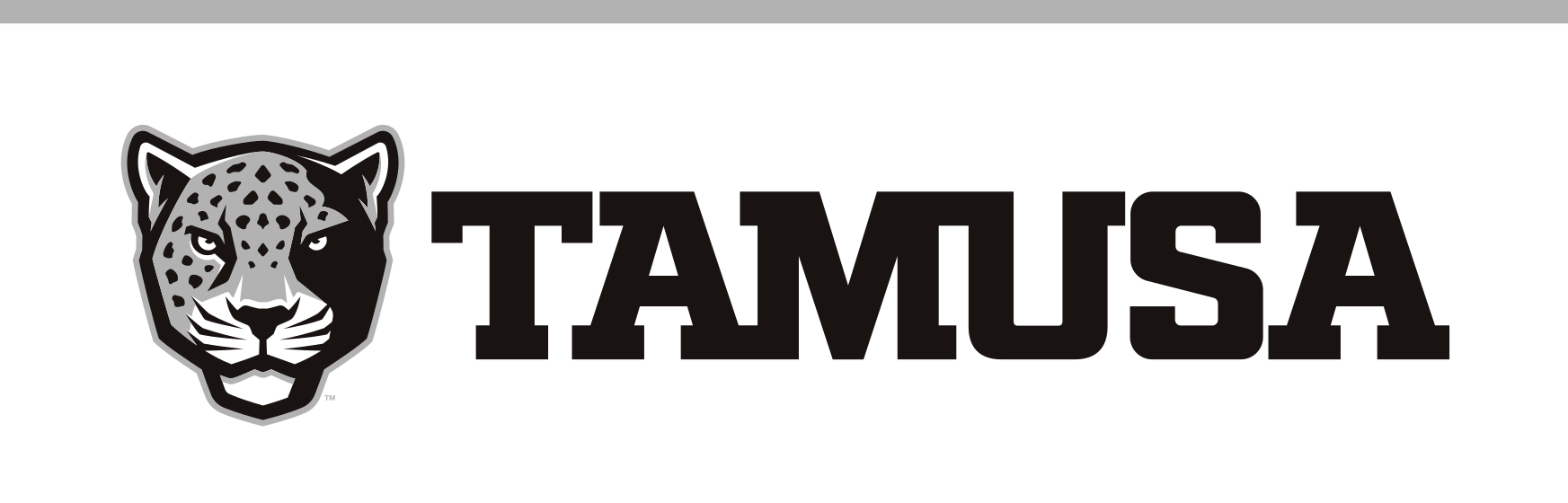 Jaguar head with TAMUSA wordmark, horizontal, black variant, cell 46