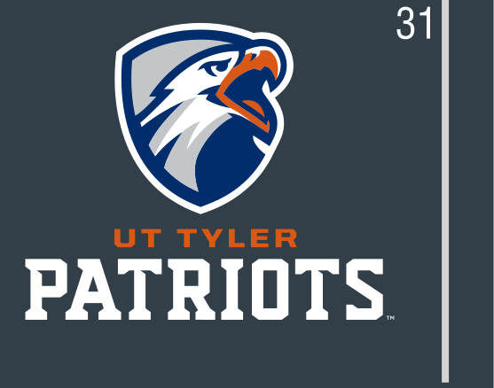 mascot head with wordmark, blue and orange on dark variant, cell 31