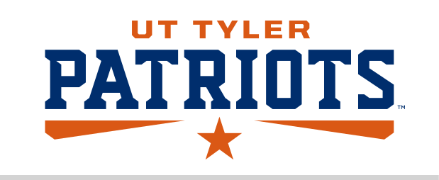 UT TYLER PATRIOTS wordmark, blue and orange on white variant, cell 49