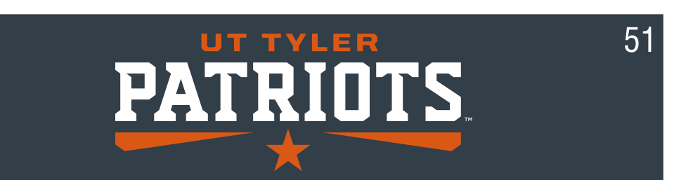 UT TYLER PATRIOTS wordmark, blue and orange on dark variant, cell 51