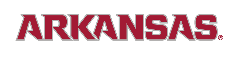 ARKANSAS wordmark, cardinal with white outline variant