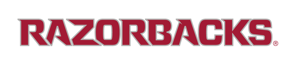 RAZORBACKS wordmark, cardinal with white outline variant