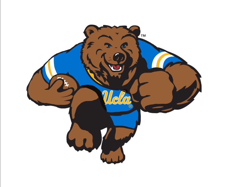Joe Bruin Mascot Full Body Running with Football, full color variant, cell 66