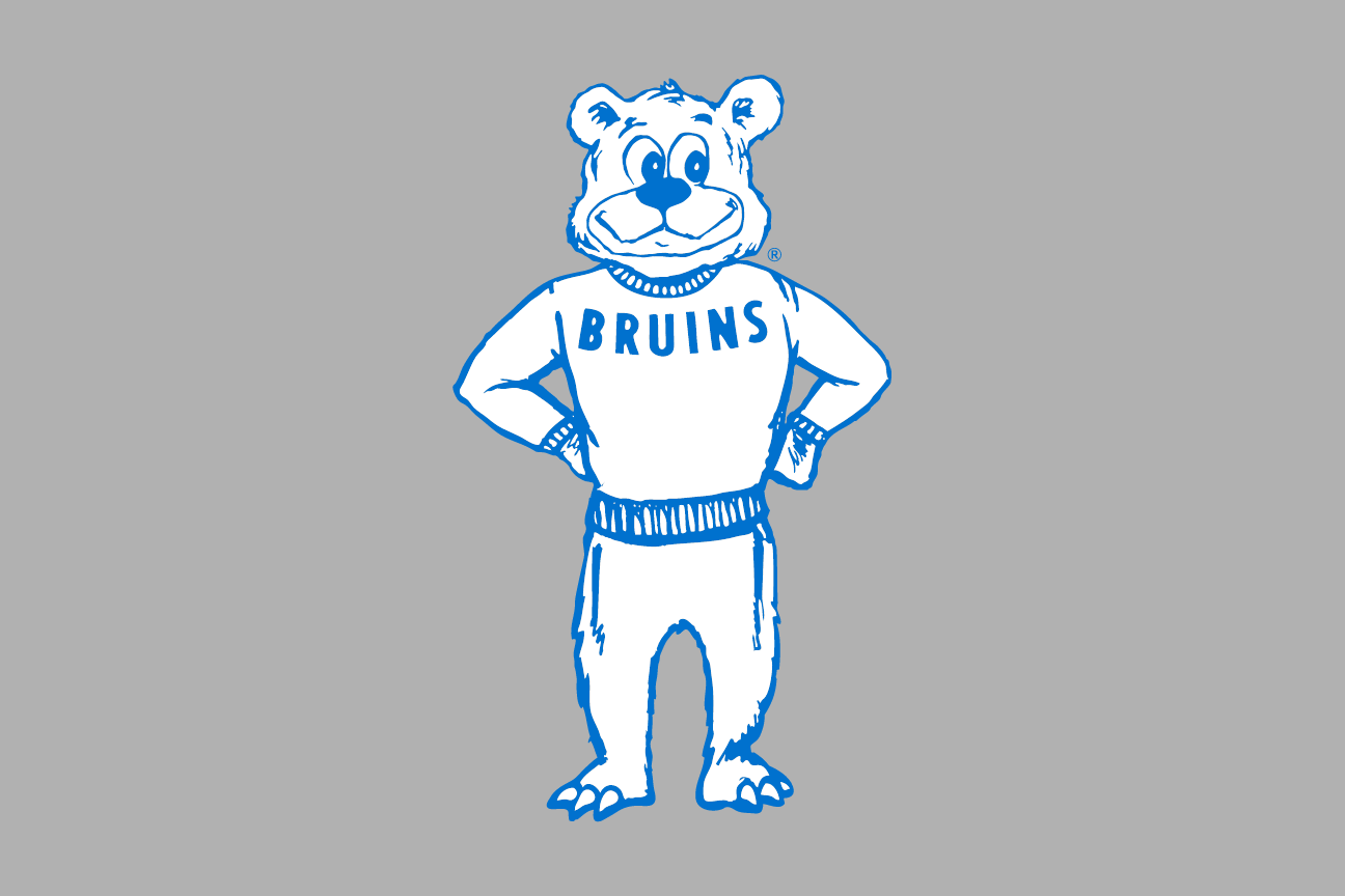 Retro Joe Bruin Mascot Full Body, white outline on grey background variant, cell 76