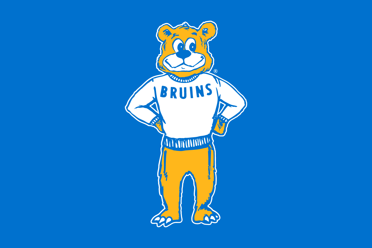 Retro Joe Bruin Mascot Full Body, full color on blue background variant, cell 78