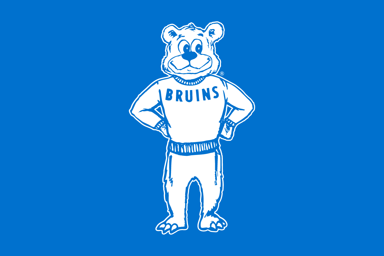 Retro Joe Bruin Mascot Full Body, white outline on blue background variant, cell 79