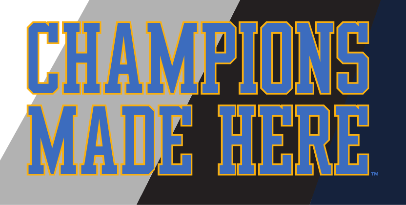 CHAMPIONS MADE HERE stacked, blue with yellow outline variant, cell 93