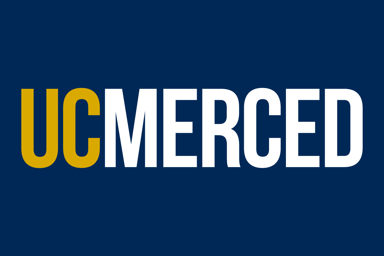 UC Merced wordmark with bobcat head, white/gold on navy variant, cell 21