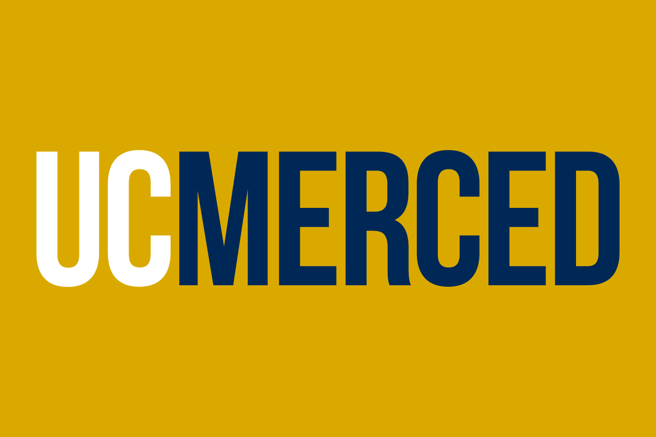 UC Merced wordmark with bobcat head, white on navy variant, cell 22