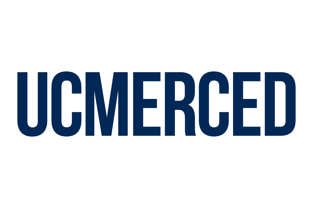 UC Merced wordmark with bobcat head, navy/white on gold variant, cell 23