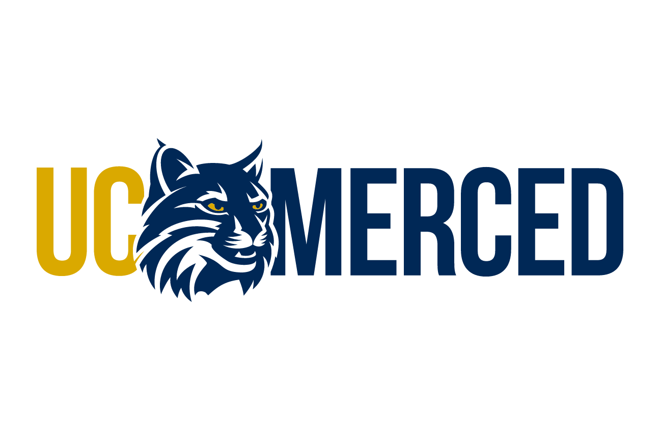 UC Merced wordmark with bobcat head, white on navy variant, cell 26