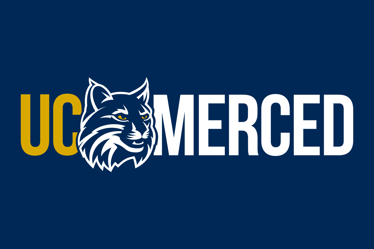 UC Merced wordmark with bobcat head and tagline, white/gold on navy variant, cell 28