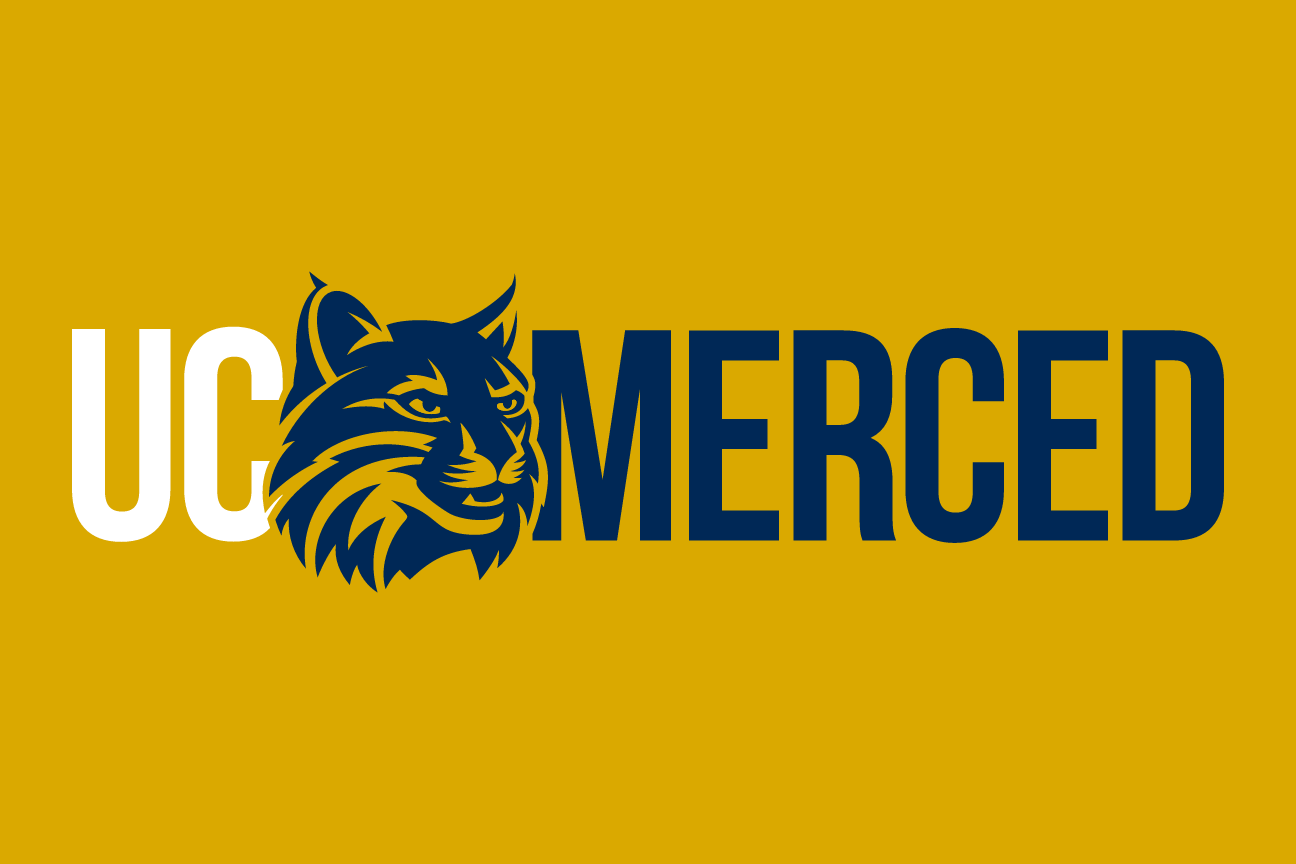 UC Merced wordmark with bobcat head and tagline, white on navy variant, cell 29