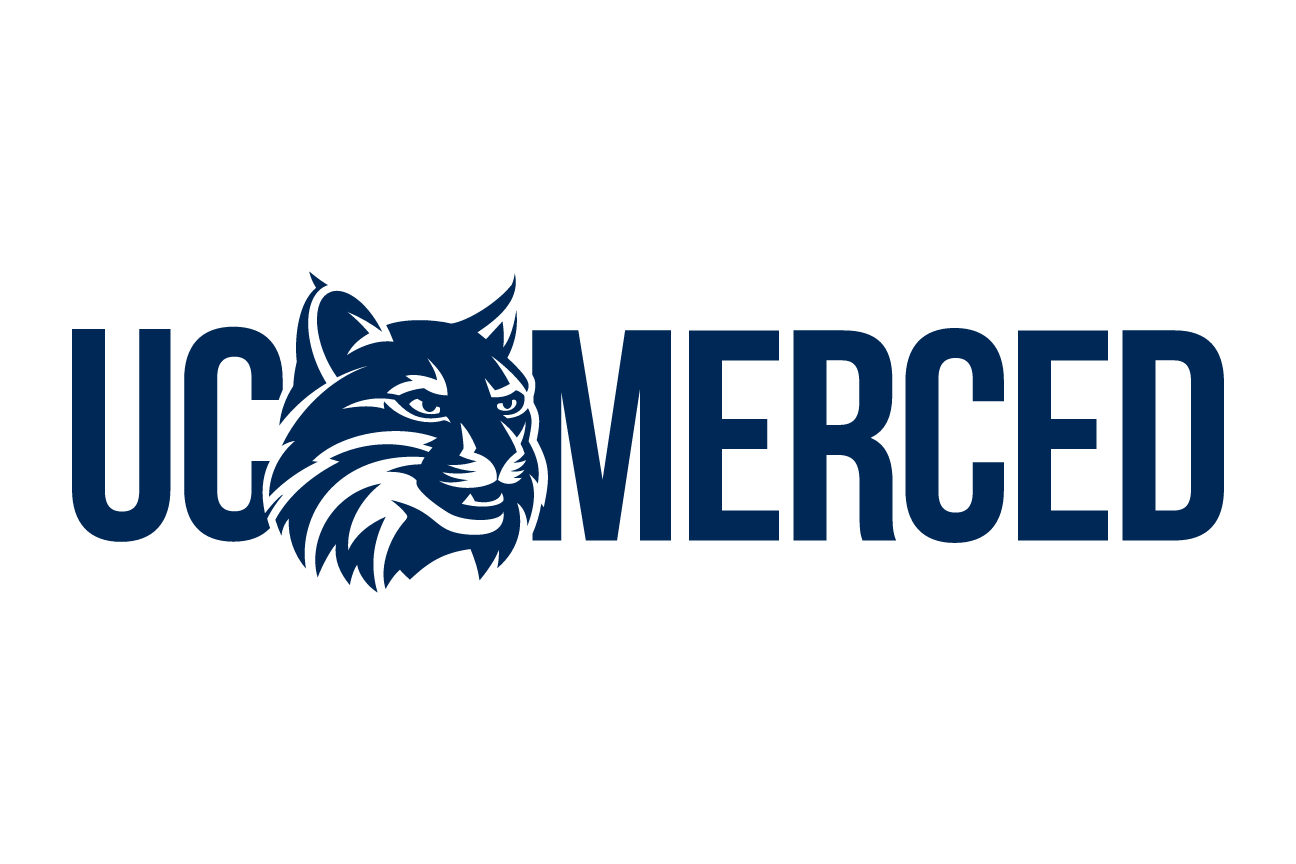 UC Merced wordmark with bobcat head and tagline, navy/white on gold variant, cell 30