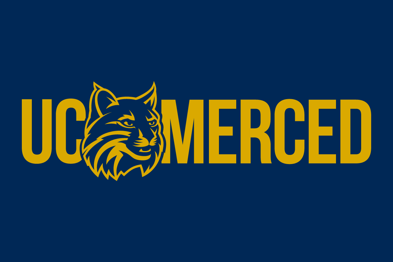 UC Merced wordmark with bobcat head and tagline, navy on white variant, cell 31