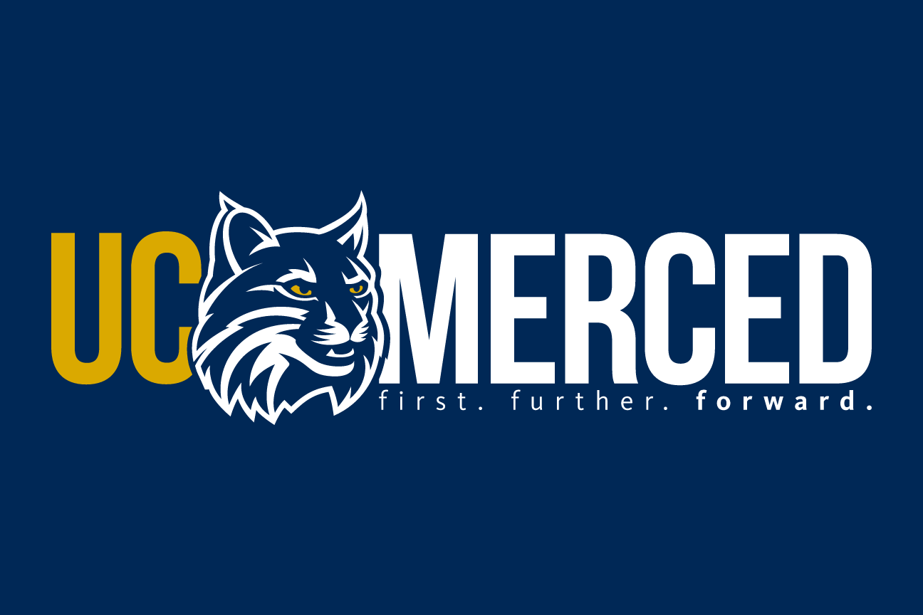 bobcat head with UC Merced wordmark, white/gold on navy variant, cell 39