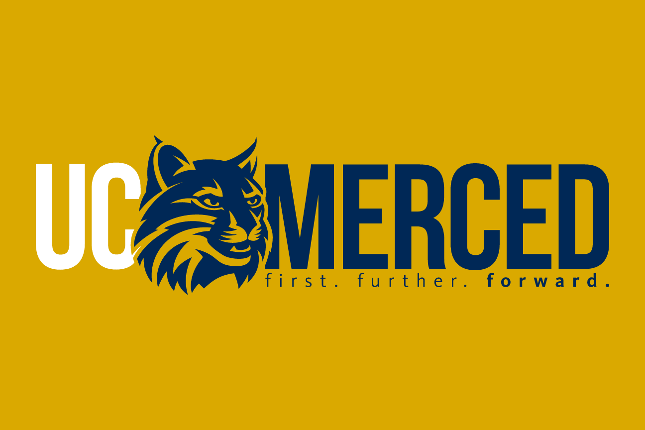 bobcat head with UC Merced wordmark, navy/white on gold variant, cell 40