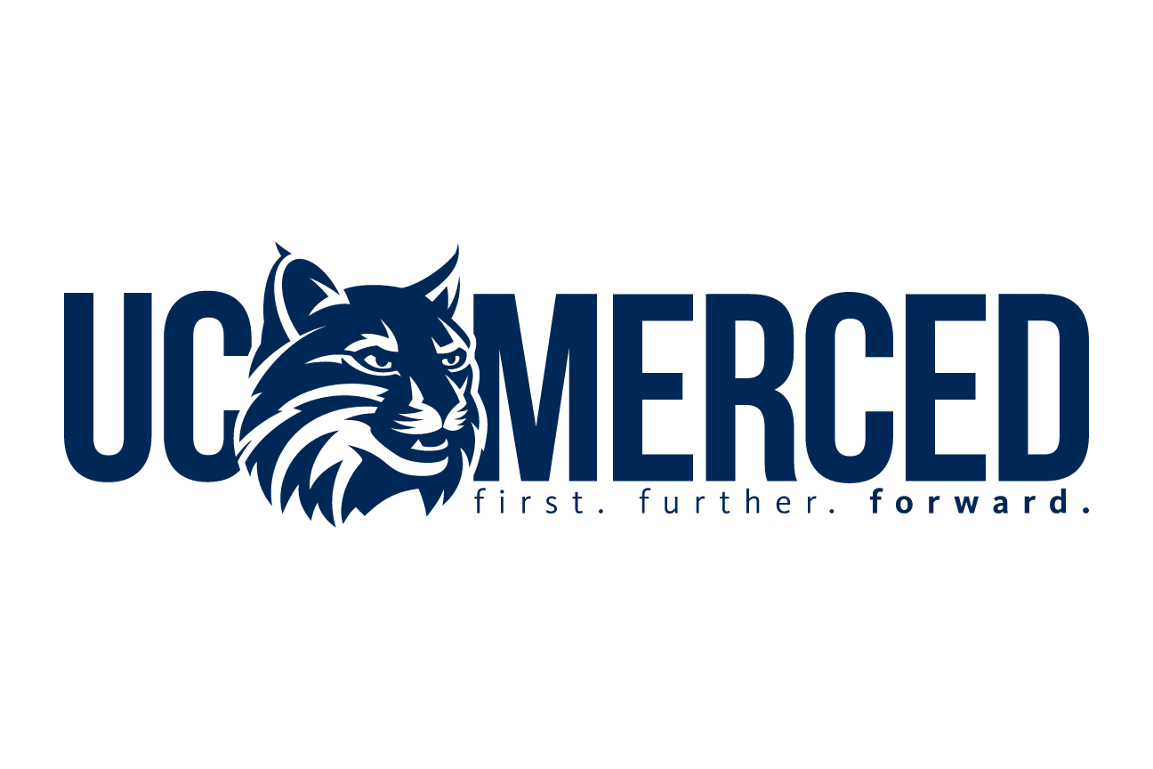bobcat head with UC Merced wordmark, navy on white variant, cell 41