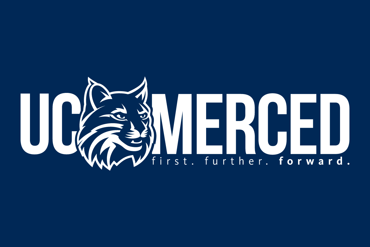 bobcat head with UC Merced wordmark, white on navy variant, cell 43
